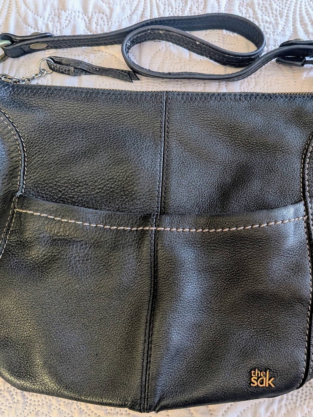 The Sak Black Leather Logo Shoulder Bag with Gold Accent